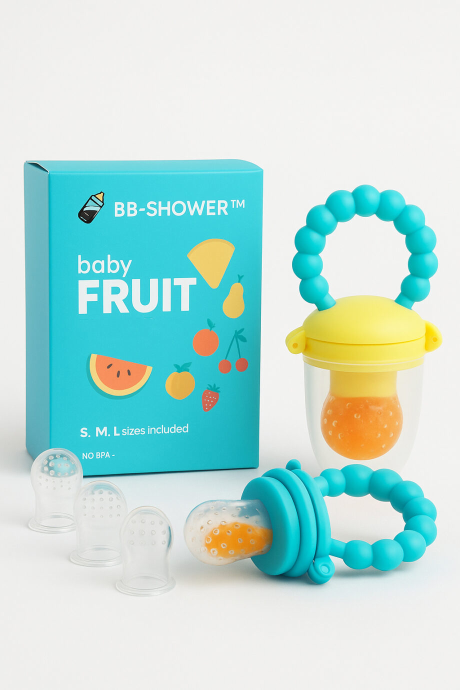 Coffret Babyfruits contenant une tétine grignoteuse pour bébé, deux modèles bleus avec poignée perles et embouts en silicone remplis de fruits, accompagnés de trois embouts interchangeables