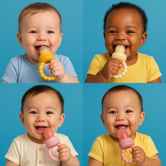 Quatre bébés souriants de différentes origines utilisant une tétine grignoteuse colorée remplie de fruits, sur fond bleu uni